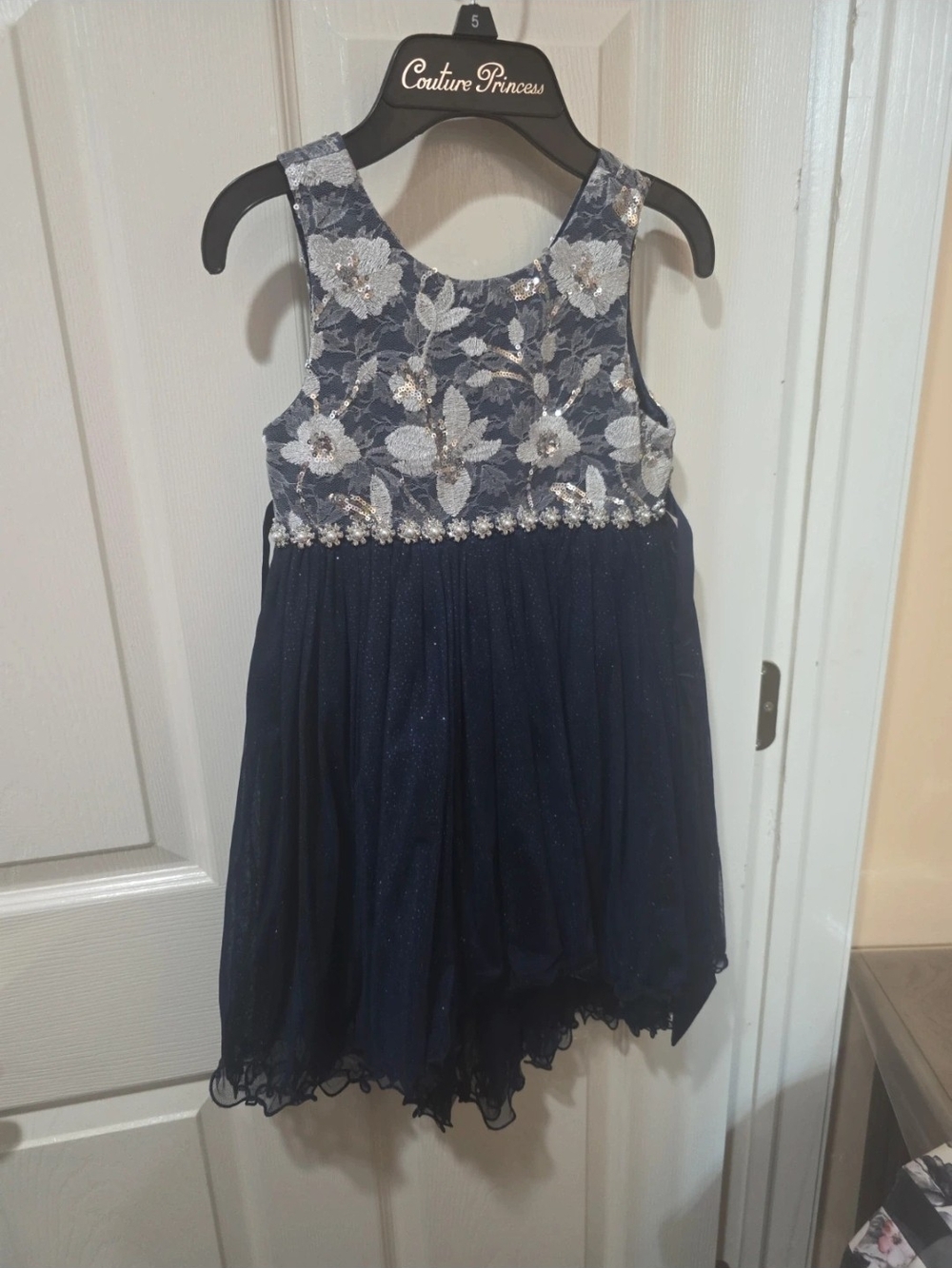 American Princess Navy and Silver Floral Lace Party Dress